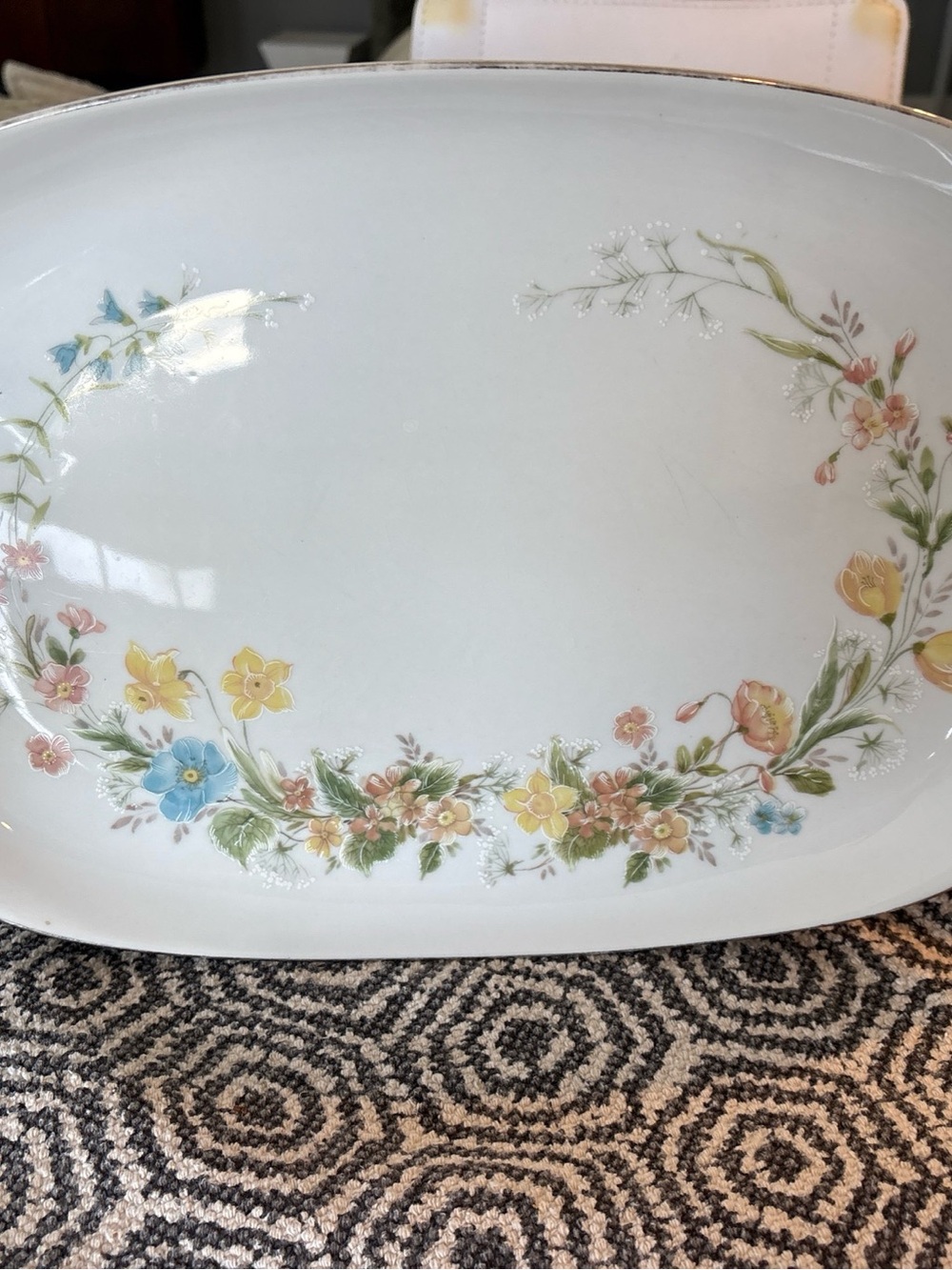 Premier Floral Oval Serving Platter - White with Yellow, Blue, Pink Accents